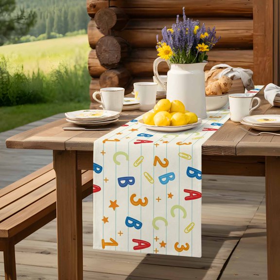 Table Runner Alphabet Letters Numbers Dresser Scarves 13x36 Inch,Linen Table Runners Educational Learning Pattern Tablerunner for Home Dining Indoor Outdoor Wedding Party Tabletop Decor