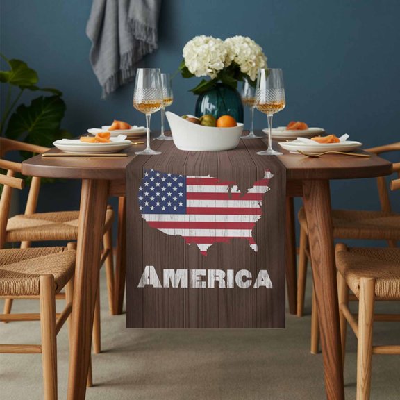 Table Runner American Independence Day Dresser Scarves 13x36 Inch,Linen Table Runners USA Flag Map on Wood Grain Tablerunner for Home Dining Indoor Outdoor Wedding Party Tabletop Decor
