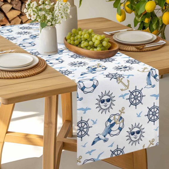 Table Runner Anchor Compass Seagull Sun Dresser Scarves 13x36 Inch,Linen Table Runners Summer Coastal Nautical Theme Tablerunner for Home Dining Indoor Outdoor Wedding Party Tabletop Decor