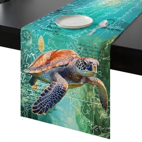 Table Runner Ancients Turtle Math Decorative Dining Table Runner Sea Creature Abstract Green Ocean Kitchen Table Decoration for Home, Holiday and Party Use 13x72 Inch