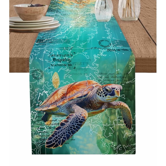 Table Runner Ancients Turtle Math Table Decoration for Kitchen Dinning Sea Creature Abstract Green Ocean Table Decoration for Indoor Outdoor Party Wedding Decor 13x90inch