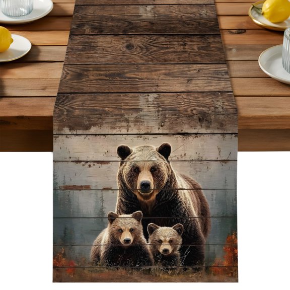 Table Runner Animals Mother and Cubs Bear Decorative Table Runner for Kitchen Farmhouse Rustic Log Stripes Dinning Runner for Party Wedding Holiday Indoor Outdoor 13x36inch