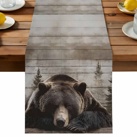 Table Runner Animals Sleeping Bear Decorative Table Runner for Kitchen Rustic Wood Stripe Lodge Trees Log Dinning Runner for Party Wedding Holiday Indoor Outdoor 13x36inch