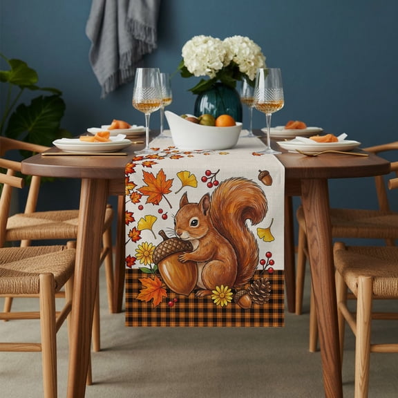 Table Runner Autumn Harvest Squirrel Acorn Dresser Scarves 13x36 Inch,Linen Table Runners Fall Maple Leaves Tablerunner for Home Dining Indoor Outdoor Wedding Party Tabletop Decor