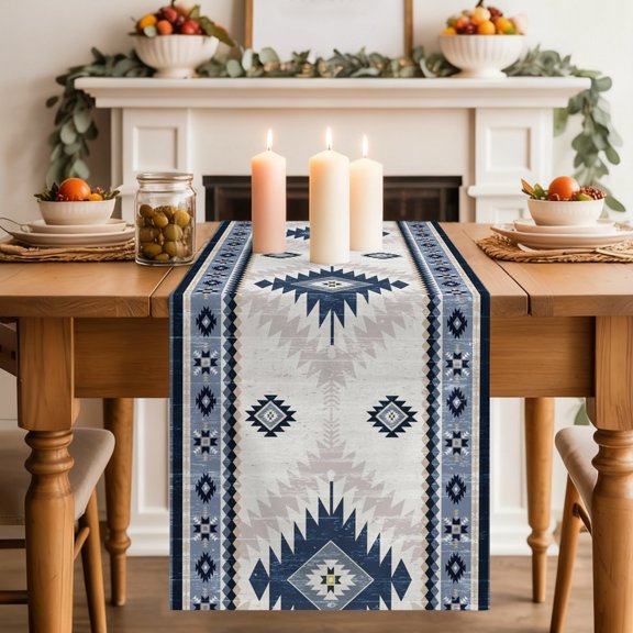 Table Runner Aztec Blue Geometric Abstract Dresser Scarves 13x70 Inch,Linen Table Runners Retro Ethnic Southwest Style Tablerunner for Home Dining Indoor Outdoor Wedding Party Tabletop Decor