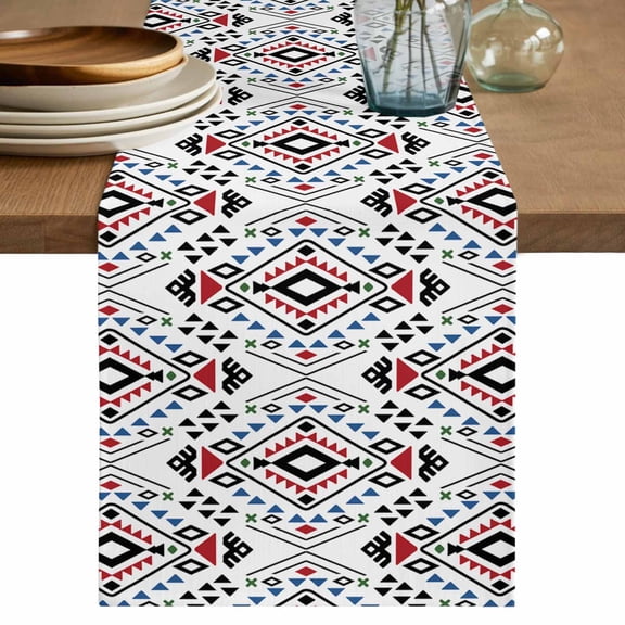 Table Runner Aztec Tribe Style Soft Linen Style Table Runner Cloth Retro Ethnic Rhombic Dining Table Decor for Kitchen, Dining Room, Parties, Holiday & Everyday Use 13x36 Inch