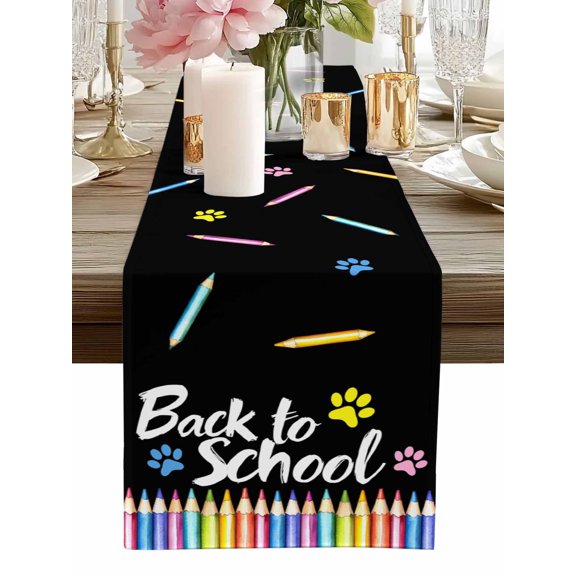 Table Runner Back to School Table Runners Pencil Paw Print Black Cotton Linen Dresser Scarf Kitchen Dining Table Decor for Home Dinner Party Decor 13x36 Inch