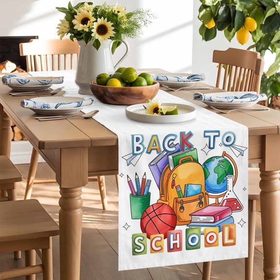 Table Runner Back To School Words Dresser Scarves 13x70 Inch,Linen Table Runners Watercolor Crayon Bag Book Tablerunner for Home Dining Indoor Outdoor Wedding Party Tabletop Decor