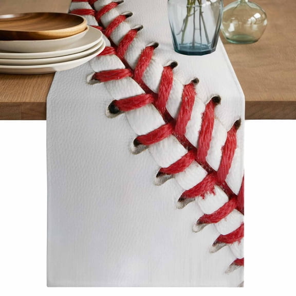 Table Runner Baseball White Red Texture Soft Linen Style Table Runner Cloth Sports Dining Table Decor for Kitchen, Dining Room, Parties, Holiday & Everyday Use 13x36 Inch