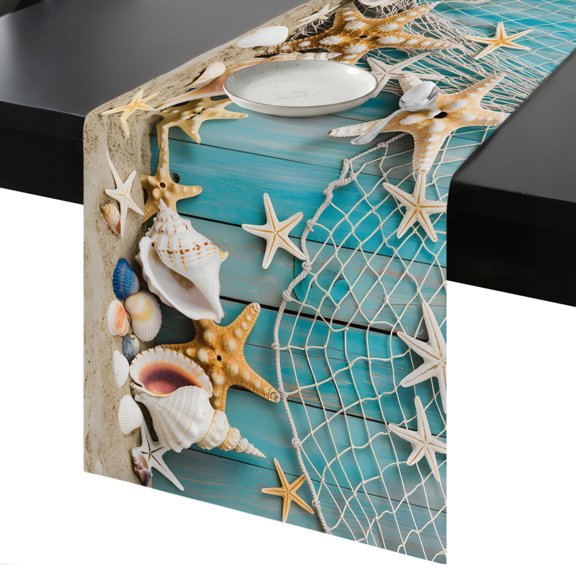 Table Runner Beach SeaTheme Decorative Dining Table Runner Starfish Seashell Nautical Kitchen Table Decoration for Home, Holiday and Party Use 13x90 Inch