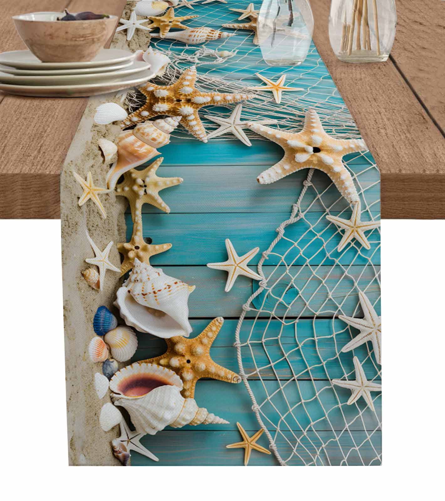 Table Runner Beach SeaTheme Table Decoration for Kitchen Dinning Starfish Seashell Nautical Table Decoration for Indoor Outdoor Party Wedding Decor 13x90inch
