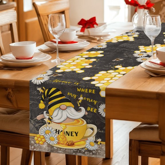 Table Runner Bee Gnome Honeycomb Dresser Scarves 13x36 Inch,Linen Table Runners Rustic Daisy Floral Retro Blackboard Tablerunner for Home Dining Indoor Outdoor Wedding Party Tabletop Decor