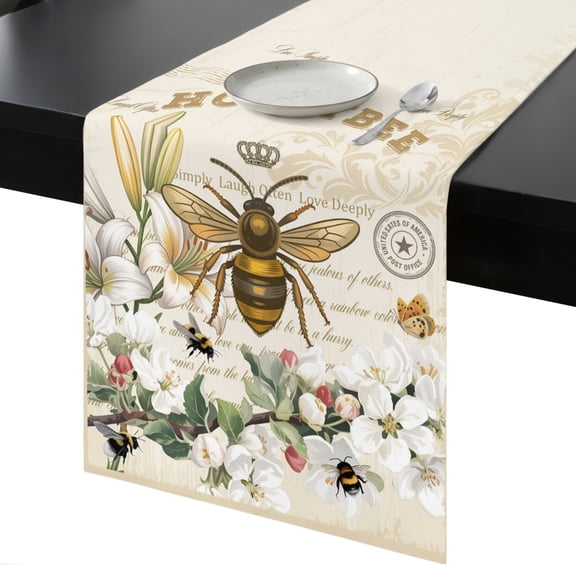 Table Runner Bees Flowers Decorative Dining Table Runner Lily Flower Pear Blossom Floral Crown Retro Kitchen Table Decoration for Home, Holiday and Party Use 13x72 Inch