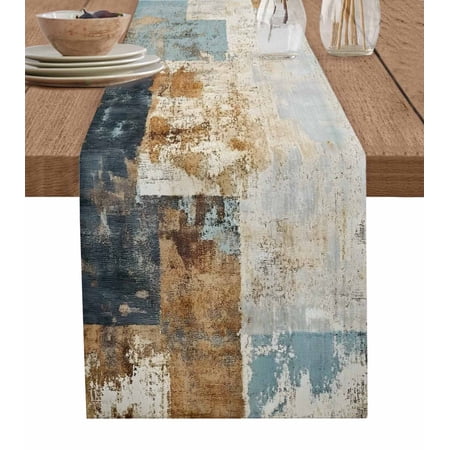 Table Runner Beige Brown Blue Painting Table Decoration for Kitchen Dinning Retro Abstract Art Table Decoration for Indoor Outdoor Party Wedding Decor 13x90inch