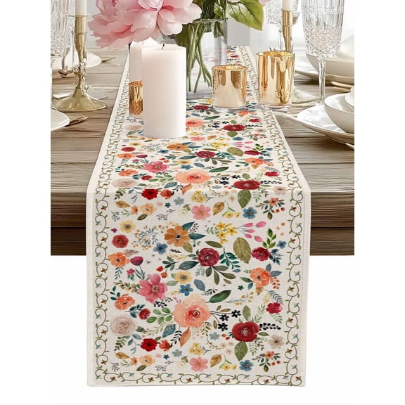 Table Runner Beige Floral Table Runners Farmhouse Vintage Flower Cotton Linen Dresser Scarf Kitchen Dining Table Decor for Home Dinner Party Decor 13x72 Inch