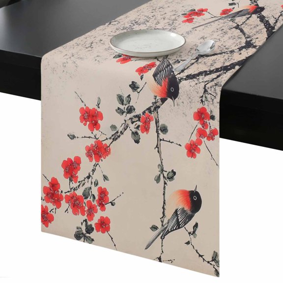 Table Runner Bird on Branch Decorative Dining Table Runner Plum Blossom Flower Leaves Kitchen Table Decoration for Home, Holiday and Party Use 13x36 Inch