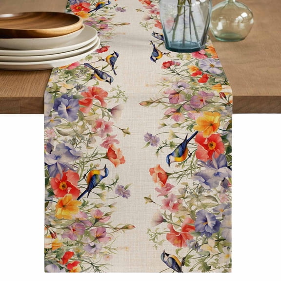 Table Runner Bird Flower Floral Tulip Soft Linen Style Table Runner Cloth Branch Leaves Plant Dining Table Decor for Kitchen, Dining Room, Parties, Holiday & Everyday Use 13x90 Inch