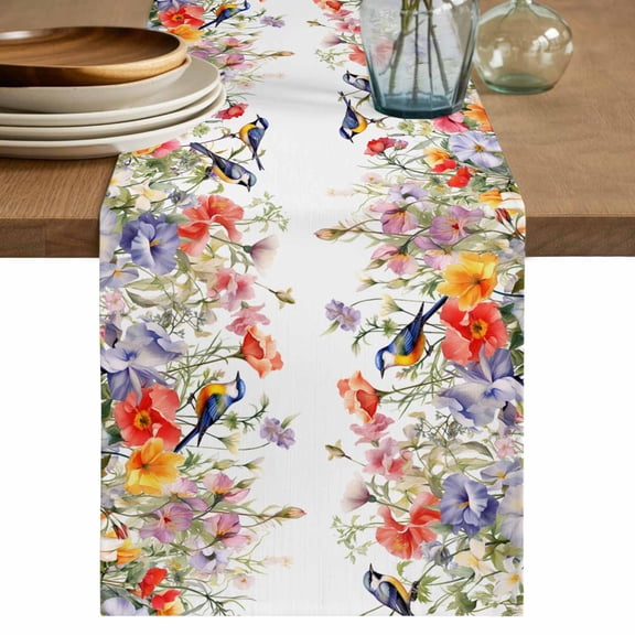 Table Runner Bird Flowers Floral Tulip Soft Linen Style Table Runner Cloth Branch Leaves Plant Dining Table Decor for Kitchen, Dining Room, Parties, Holiday & Everyday Use 13x36 Inch