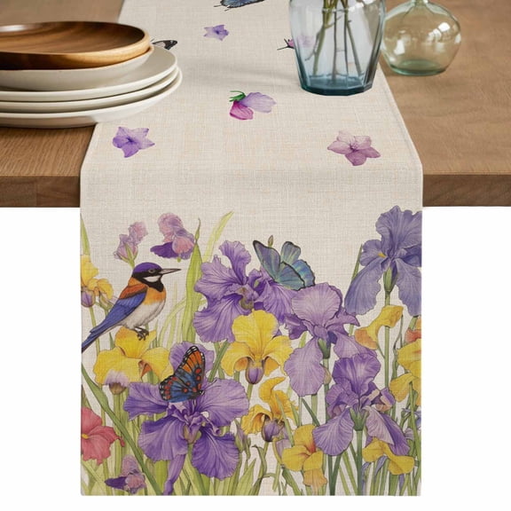 Table Runner Bird Iris Floral Flower Soft Linen Style Table Runner Cloth Butterfly Branch Leaves Dining Table Decor for Kitchen, Dining Room, Parties, Holiday & Everyday Use 13x72 Inch