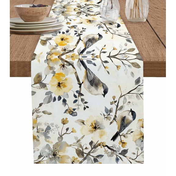 Table Runner Bird Table Decoration for Kitchen Dinning Yellow Floral Branch Table Decoration for Indoor Outdoor Party Wedding Decor 13x72 Inch