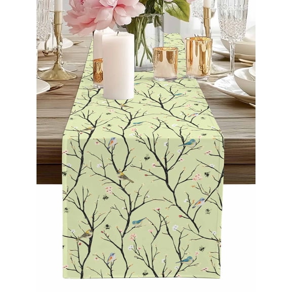Table Runner Bird Table Runners Vintage Floral Tree Branch Green Cotton Linen Dresser Scarf Kitchen Dining Table Decor for Home Dinner Party Decor 13x36 Inch