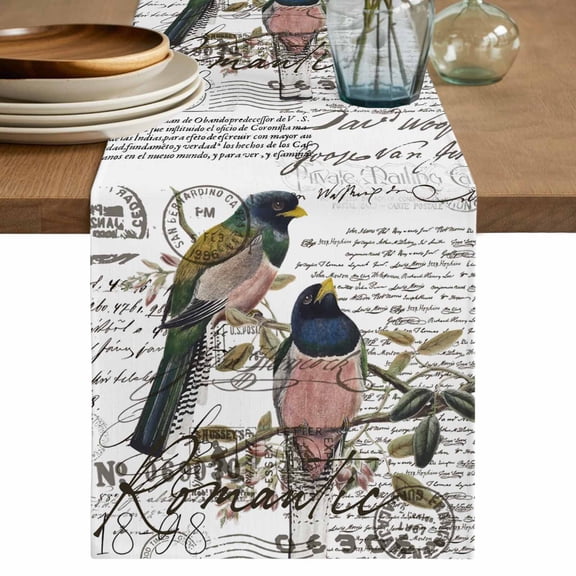 Table Runner Bird Tree Branch Leaves Soft Linen Style Table Runner Cloth Vintage Postmark Dining Table Decor for Kitchen, Dining Room, Parties, Holiday & Everyday Use 13x36 Inch