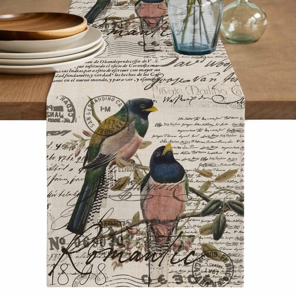 Table Runner Bird Tree Branch Soft Linen Style Table Runner Cloth Vintage Postmark Dining Table Decor for Kitchen, Dining Room, Parties, Holiday & Everyday Use 13x36 Inch