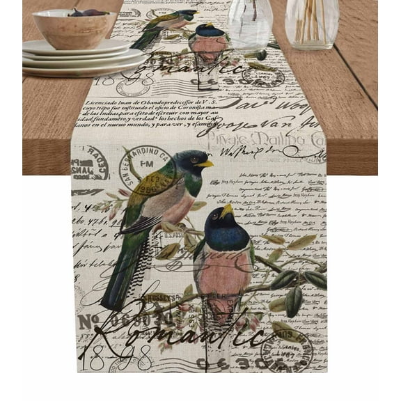 Table Runner Bird Tree Branch Table Decoration for Kitchen Dinning Vintage Postmark Table Decoration for Indoor Outdoor Party Wedding Decor 13x72 Inch