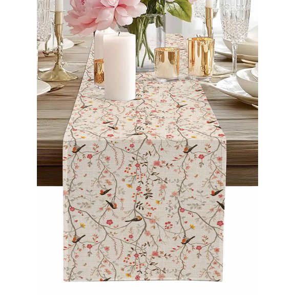 Table Runner Bird Tree Branch Table Runners Beige Floral Leaves Cotton Linen Dresser Scarf Kitchen Dining Table Decor for Home Dinner Party Decor 13x36 Inch