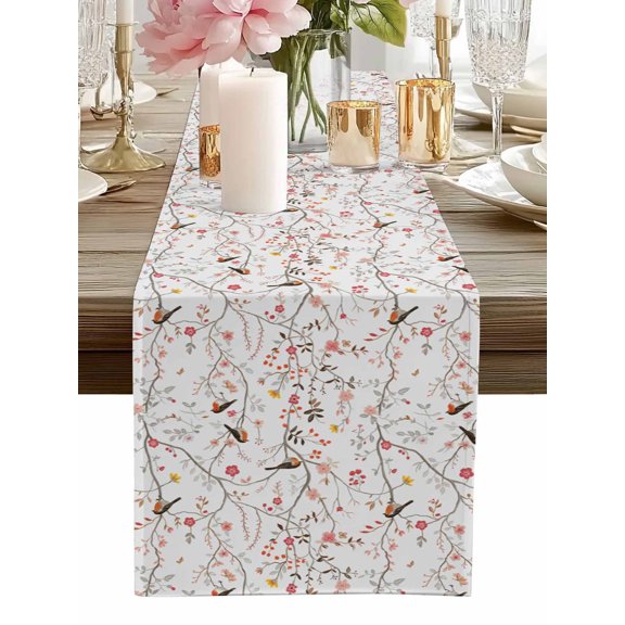 Table Runner Bird Tree Branch Table Runners Grey Floral Leaves Cotton Linen Dresser Scarf Kitchen Dining Table Decor for Home Dinner Party Decor 13x36 Inch