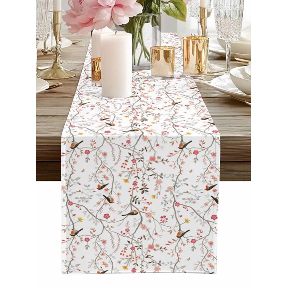 Table Runner Bird Tree Branch Table Runners Pink Floral Leaves Cotton Linen Dresser Scarf Kitchen Dining Table Decor for Home Dinner Party Decor 13x36 Inch