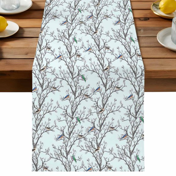 Table Runner Bird Tree Branches Table Runners Blue Retro Leaves Cotton Linen Dresser Scarf Kitchen Dining Table Decor for Holiday Party Decor 13x36 Inch