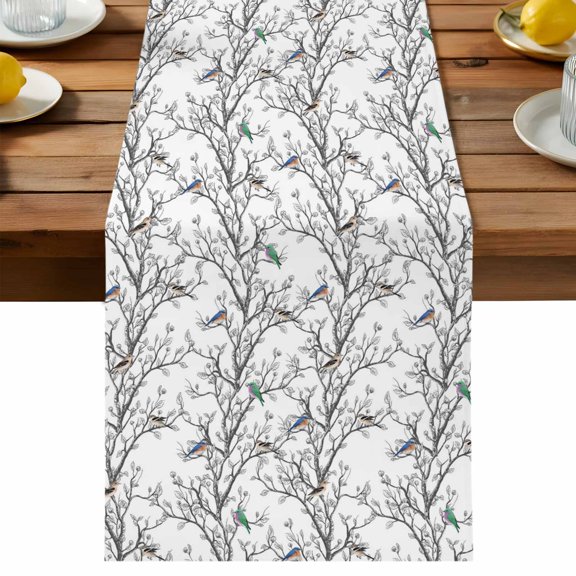 Table Runner Bird Tree Branches Table Runners Retro Leaves Cotton Linen Dresser Scarf Kitchen Dining Table Decor for Holiday Party Decor 13x36 Inch