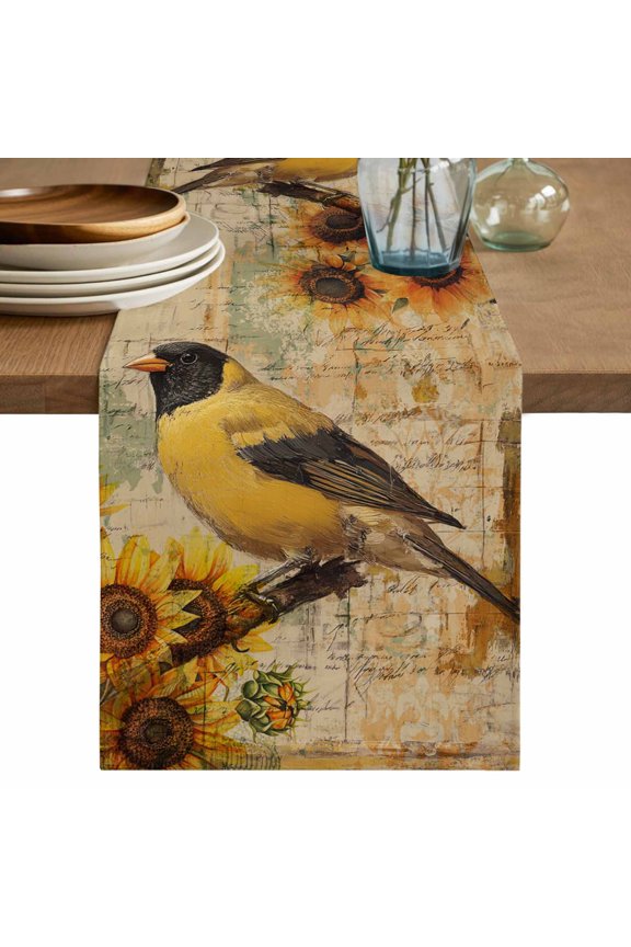 Table Runner Birds Flower Soft Linen Style Table Runner Cloth Retro Sunflowers Dining Table Decor for Kitchen, Dining Room, Parties, Holiday & Everyday Use 13x36 Inch