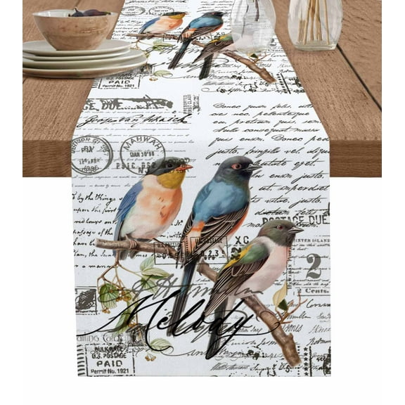 Table Runner Birds Tree Branch Table Decoration for Kitchen Dinning Vintage Postmark Table Decoration for Indoor Outdoor Party Wedding Decor 13x90 Inch