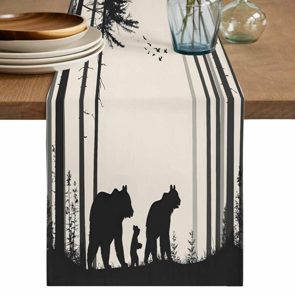 Table Runner Black Bears Trees Soft Linen Style Table Runner Cloth Silhouette Art Dining Table Decor for Kitchen, Dining Room, Parties, Holiday & Everyday Use 13x36 Inch