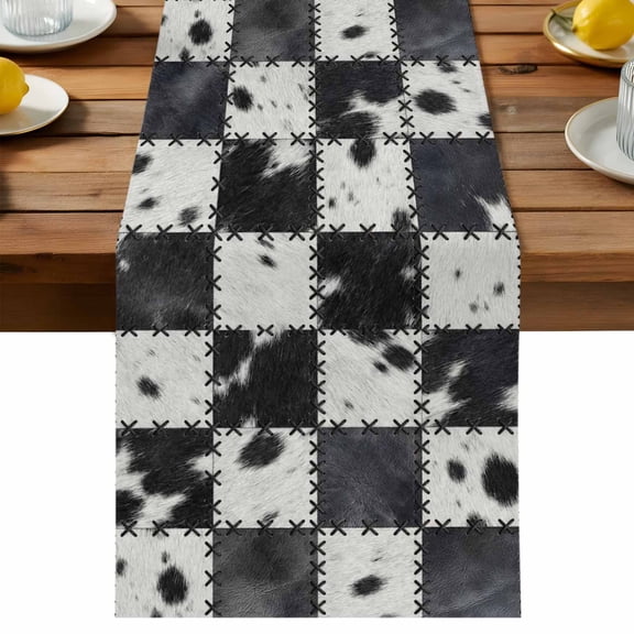 Table Runner Black Cow Animal Fur Table Runners Cowhide Patchwork Checked Cotton Linen Dresser Scarf Kitchen Dining Table Decor for Holiday Party Decor 13x90 Inch