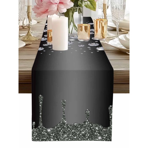 Table Runner Black Diamond Table Runners Luxury Bling Water Drop Cotton Linen Dresser Scarf Kitchen Dining Table Decor for Home Dinner Party Decor 13x36 Inch