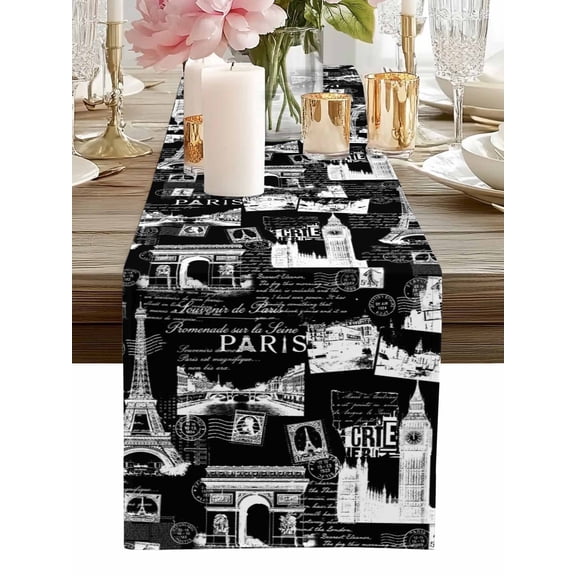 Table Runner Black Eiffel Tower Table Runners France Paris Travel Landscape Cotton Linen Dresser Scarf Kitchen Dining Table Decor for Home Dinner Party Decor 13x36 Inch