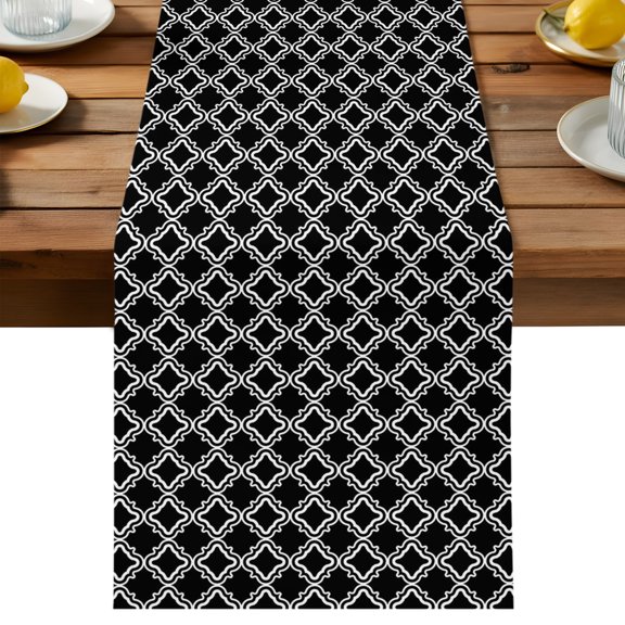 Table Runner Black Moroccan Texture Decorative Table Runner for Kitchen Classic Geometric Art Dinning Runner for Party Wedding Holiday Indoor Outdoor 13x36inch