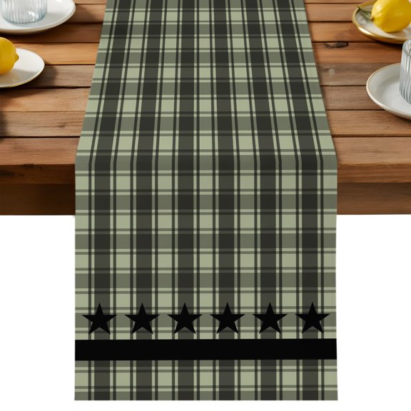 Table Runner Black Stars Buffalo Plaid Decorative Table Runner for Kitchen Sage Green Checkered Dinning Runner for Party Wedding Holiday Indoor Outdoor 13x36inch