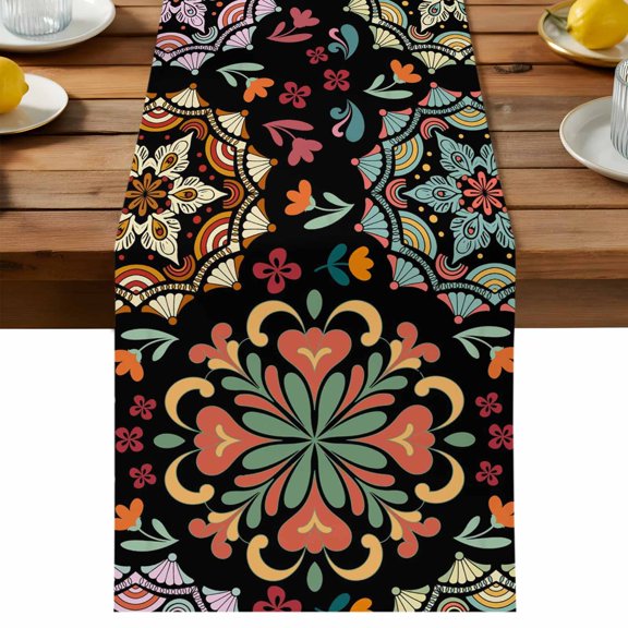 Table Runner Black Turkish Pattern Decorative Table Runner for Kitchen Vintage Abstract Flower Dinning Runner for Party Wedding Holiday Indoor Outdoor 13x36inch