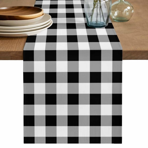 Table Runner Black White Plaid Soft Linen Style Table Runner Cloth Buffalo Check Geometric Checker Pattern Dining Table Decor for Kitchen, Dining Room, Parties, Holiday & Everyday Use 13x36 Inch