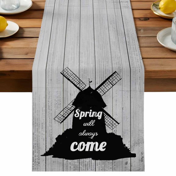 Table Runner Black Windmill Silhouette Decorative Table Runner for Kitchen Minimal Farmhouse Grey Wooden Dinning Runner for Party Wedding Holiday Indoor Outdoor 13x36inch