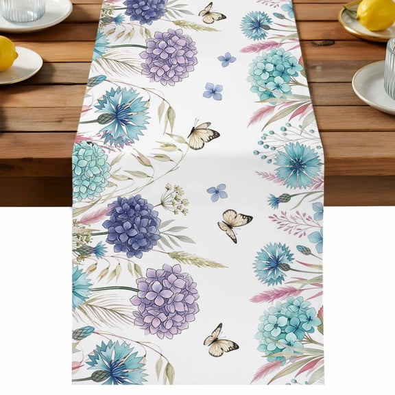Table Runner Bloom Daisy Flower Table Runners Teal Blue Butterfly Leaves Cotton Linen Dresser Scarf Kitchen Dining Table Decor for Holiday Party Decor 13x36 Inch