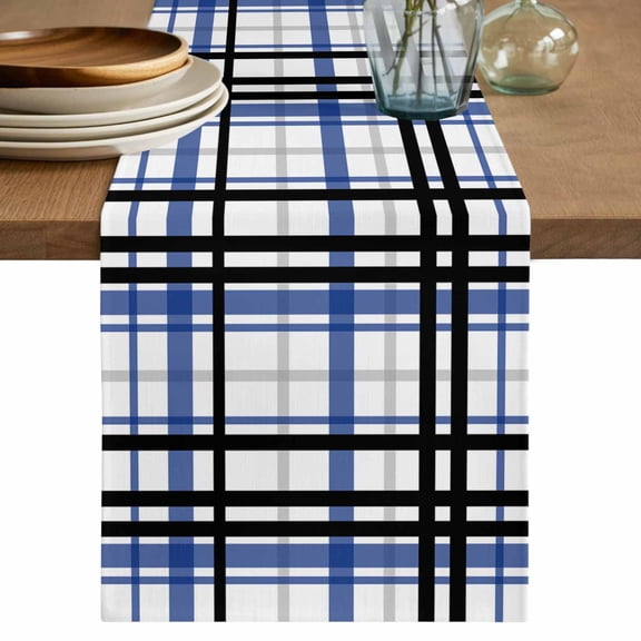Table Runner Blue Black Buffalo Plaid Soft Linen Style Table Runner Cloth Check Stripe Dining Table Decor for Kitchen, Dining Room, Parties, Holiday & Everyday Use 13x36 Inch