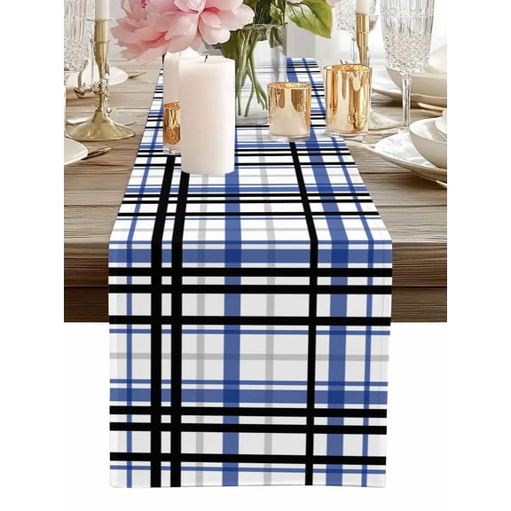 Table Runner Blue Black Buffalo Plaid Table Runners Check Stripe Cotton Linen Dresser Scarf Kitchen Dining Table Decor for Home Dinner Party Decor 13x36 Inch