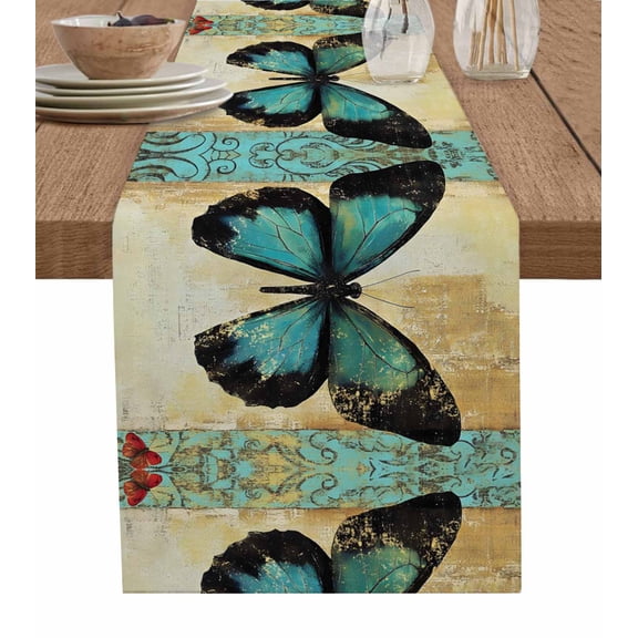 Table Runner Blue Black Butterfly Table Decoration for Kitchen Dinning Vintage Texture Table Decoration for Indoor Outdoor Party Wedding Decor 13x90 Inch