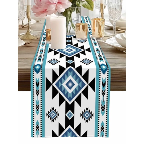 Table Runner Blue Boho Table Runners Bohemian Native Southwest Ethnic Cotton Linen Dresser Scarf Kitchen Dining Table Decor for Home Dinner Party Decor 13x36 Inch
