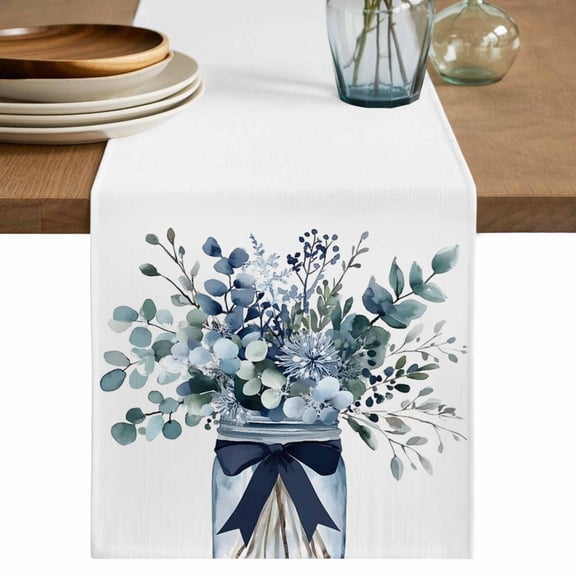 Table Runner Blue Bow Floral Vase Soft Linen Style Table Runner Cloth Flower Leaves Dining Table Decor for Kitchen, Dining Room, Parties, Holiday & Everyday Use 13x72 Inch